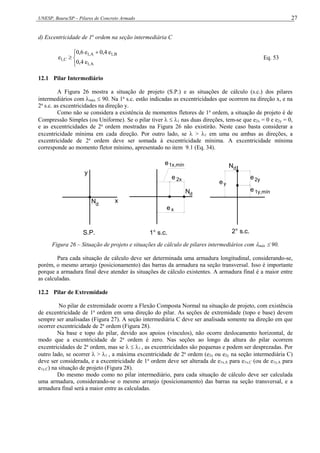 UNESP, Bauru/SP – Pilares de Concreto Armado 27
d) Excentricidade de 1a
ordem na seção intermediária C




 

A
,
1
B
,
1
A
,
1
C
,
1
e
4
,
0
e
4
,
0
e
6
,
0
e Eq. 53
12.1 Pilar Intermediário
A Figura 26 mostra a situação de projeto (S.P.) e as situações de cálculo (s.c.) dos pilares
intermediários com máx  90. Na 1a
s.c. estão indicadas as excentricidades que ocorrem na direção x, e na
2a
s.c. as excentricidades na direção y.
Como não se considera a existência de momentos fletores de 1a
ordem, a situação de projeto é de
Compressão Simples (ou Uniforme). Se o pilar tiver   1 nas duas direções, tem-se que e2x = 0 e e2y = 0,
e as excentricidades de 2a
ordem mostradas na Figura 26 não existirão. Neste caso basta considerar a
excentricidade mínima em cada direção. Por outro lado, se  > 1 em uma ou ambas as direções, a
excentricidade de 2a
ordem deve ser somada à excentricidade mínima. A excentricidade mínima
corresponde ao momento fletor mínimo, apresentado no item 9.1 (Eq. 34).
1° s.c.
S.P.
Nd
e
2° s.c.
1y,mín
Nd
e
x
y
Nd
1x,mín
x
e
e 2y
e
y
e
2x
Figura 26 – Situação de projeto e situações de cálculo de pilares intermediários com máx  90.
Para cada situação de cálculo deve ser determinada uma armadura longitudinal, considerando-se,
porém, o mesmo arranjo (posicionamento) das barras da armadura na seção transversal. Isso é importante
porque a armadura final deve atender às situações de cálculo existentes. A armadura final é a maior entre
as calculadas.
12.2 Pilar de Extremidade
No pilar de extremidade ocorre a Flexão Composta Normal na situação de projeto, com existência
de excentricidade de 1a
ordem em uma direção do pilar. As seções de extremidade (topo e base) devem
sempre ser analisadas (Figura 27). A seção intermediária C deve ser analisada somente na direção em que
ocorrer excentricidade de 2a
ordem (Figura 28).
Na base e topo do pilar, devido aos apoios (vínculos), não ocorre deslocamento horizontal, de
modo que a excentricidade de 2a
ordem é zero. Nas seções ao longo da altura do pilar ocorrem
excentricidades de 2a
ordem, mas se   1 , as excentricidades são pequenas e podem ser desprezadas. Por
outro lado, se ocorrer  > 1 , a máxima excentricidade de 2a
ordem (e2x ou e2y na seção intermediária C)
deve ser considerada, e a excentricidade de 1a
ordem deve ser alterada de e1x,A para e1x,C (ou de e1y,A para
e1y,C) na situação de projeto (Figura 28).
Do mesmo modo como no pilar intermediário, para cada situação de cálculo deve ser calculada
uma armadura, considerando-se o mesmo arranjo (posicionamento) das barras na seção transversal, e a
armadura final será a maior entre as calculadas.
 