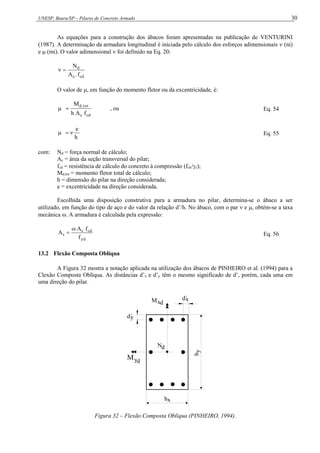 UNESP, Bauru/SP – Pilares de Concreto Armado 30
As equações para a construção dos ábacos foram apresentadas na publicação de VENTURINI
(1987). A determinação da armadura longitudinal é iniciada pelo cálculo dos esforços adimensionais  (ni)
e  (mi). O valor adimensional  foi definido na Eq. 20:
cd
c
d
f
.
A
N


O valor de , em função do momento fletor ou da excentricidade, é:
cd
c
tot
,
d
f
A
h
M

 , ou Eq. 54
h
e


 Eq. 55
com: Nd = força normal de cálculo;
Ac = área da seção transversal do pilar;
fcd = resistência de cálculo do concreto à compressão (fck/c);
Md,tot = momento fletor total de cálculo;
h = dimensão do pilar na direção considerada;
e = excentricidade na direção considerada.
Escolhida uma disposição construtiva para a armadura no pilar, determina-se o ábaco a ser
utilizado, em função do tipo de aço e do valor da relação d’/h. No ábaco, com o par  e , obtém-se a taxa
mecânica . A armadura é calculada pela expressão:
yd
cd
c
s
f
f
A
A

 Eq. 56
13.2 Flexão Composta Oblíqua
A Figura 32 mostra a notação aplicada na utilização dos ábacos de PINHEIRO et al. (1994) para a
Clexão Composta Oblíqua. As distâncias d’x e d’y têm o mesmo significado de d’, porém, cada uma em
uma direção do pilar.
M
h
x
M d´
yd
d
x
y
h
d
N
x
y
d´
Figura 32 – Flexão Composta Oblíqua (PINHEIRO, 1994).
 