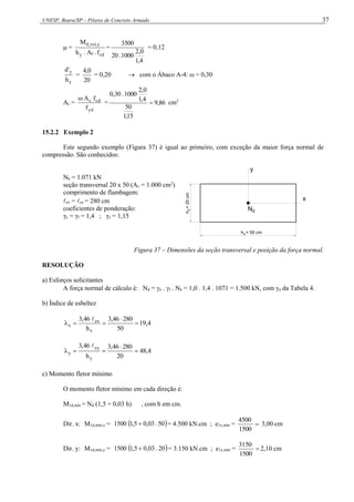 UNESP, Bauru/SP – Pilares de Concreto Armado 37
 =
cd
c
y
y
,
tot
,
d
f
.
A
.
h
M
=
4
,
1
0
,
2
1000
.
20
3500
= 0,12
y
y
h
'
d
=
20
0
,
4
= 0,20  com o Ábaco A-4: ω = 0,30
As =
yd
cd
c
f
f
A

= 86
,
9
15
,
1
50
4
,
1
0
,
2
1000
.
30
,
0
 cm2
15.2.2 Exemplo 2
Este segundo exemplo (Figura 37) é igual ao primeiro, com exceção da maior força normal de
compressão. São conhecidos:
Nk = 1.071 kN
seção transversal 20 x 50 (Ac = 1.000 cm2
)
comprimento de flambagem:
ex = ey = 280 cm
coeficientes de ponderação:
γc = γf = 1,4 ; γs = 1,15
d
N
x
y
h = 50 cm
x
h
=
20
cm
y
Figura 37 – Dimensões da seção transversal e posição da força normal.
RESOLUÇÃO
a) Esforços solicitantes
A força normal de cálculo é: Nd = n . f . Nk = 1,0 . 1,4 . 1071 = 1.500 kN, com γn da Tabela 4.
b) Índice de esbeltez
4
,
19
50
280
46
,
3
h
46
,
3
x
ex
x 





4
,
48
20
280
46
,
3
h
46
,
3
y
ey
y 





c) Momento fletor mínimo
O momento fletor mínimo em cada direção é:
M1d,mín = Nd (1,5 + 0,03 h) , com h em cm.
Dir. x: M1d,mín,x =  
50
.
03
,
0
5
,
1
1500  = 4.500 kN.cm ; e1x,mín = 
1500
500
4
3,00 cm
Dir. y: M1d,mín,y =  
20
.
03
,
0
5
,
1
1500  = 3.150 kN.cm ; e1y,mín = 
1500
50
31
2,10 cm
 