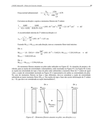 UNESP, Bauru/SP – Pilares de Concreto Armado 44
Força normal adimensional: 78
,
0
4
,
1
0
,
2
1400
1554
f
.
A
N
cd
c
d




Curvatura na direção x sujeita a momentos fletores de 2a
ordem:
   
1
-
4
1
-
4
cm
10
.
5
,
2
20
005
,
0
cm
10
.
953
,
1
5
,
0
78
,
0
20
005
,
0
50
,
0
h
005
,
0
r
1 








  ok!
A excentricidade máxima de 2a
ordem na direção x é:
r
1
10
e
2
e
x
2

 53
,
1
10
.
953
,
1
10
280 4
2

 
cm
Fazendo M1d,A  M1d,mín em cada direção, tem-se o momento fletor total máximo:
Dir. x:
Md,tot,x = 1,0 . 3263,4 + 
4
2
10
.
953
,
1
10
280
1554 5.642,8  M1d,mín,x = 3.263,4 kN.cm  ok!
Md,tot,x = 5.642,8 kN.cm
Dir. y:
Md,tot,y = M1d,mín,y = 5.594,4 kN.cm
Os momentos fletores atuantes no pilar estão indicados na Figura 42. As situações de projeto e de
cálculo, para as seções de extremidade e intermediária, estão mostradas na Figura 43 e na Figura 44. Como
as seções de extremidade de topo e base do pilar estão submetidas a momento fletor de 1a
ordem de igual
valor, a seção de extremidade mostrada na Figura 43 é representativa de ambas as extremidades do pilar.
No caso de momentos fletores na base e topo diferentes, deve-se considerar a seção de extremidade
submetida ao maior momento fletor (M1d,A). Nas seções de topo e base não ocorre deformação de 2a
ordem
(e2 = 0), que deve ser considerada na seção intermediária C.
+
2d,máx,x
M
Dir. x Dir. y
1d,mín,x
M
3.263,4 5.594,4
M1d,mín,y
2.379,4
OU
M1d,A,x
2.170
Figura 42 – Momentos fletores atuantes no pilar, nas direções x e y.
 