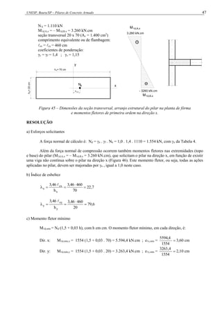 UNESP, Bauru/SP – Pilares de Concreto Armado 47
N k = 1.110 kN
M1d,A,x = – M1d,B,x = 3.260 kN.cm
seção transversal 20 x 70 (Ac = 1.400 cm2
)
comprimento equivalente ou de flambagem:
ex = ey = 460 cm
coeficientes de ponderação:
γc = γf = 1,4 ; γs = 1,15
h
=
20
cm
x
h = 70 cm
y
Nd x
y
e1,x - 3260 kN.cm
3.260 kN.cm
1d,A,x
M
+
-
1d,B,x
M
Figura 45 – Dimensões da seção transversal, arranjo estrutural do pilar na planta de fôrma
e momentos fletores de primeira ordem na direção x.
RESOLUÇÃO
a) Esforços solicitantes
A força normal de cálculo é: Nd = n . f . Nk = 1,0 . 1,4 . 1110 = 1.554 kN, com n da Tabela 4.
Além da força normal de compressão ocorrem também momentos fletores nas extremidades (topo
e base) do pilar (M1d,A,x = – M1d,B,x = 3.260 kN.cm), que solicitam o pilar na direção x, em função de existir
uma viga não contínua sobre o pilar na direção x (Figura 46). Este momento fletor, ou seja, todas as ações
aplicadas no pilar, devem ser majoradas por n , igual a 1,0 neste caso.
b) Índice de esbeltez
7
,
22
70
460
46
,
3
h
46
,
3
x
ex
x 





6
,
79
20
460
46
,
3
h
46
,
3
y
ey
y 





c) Momento fletor mínimo
M1d,mín = Nd (1,5 + 0,03 h), com h em cm. O momento fletor mínimo, em cada direção, é:
Dir. x: M1d,mín,x = 1554 (1,5 + 0,03 . 70) = 5.594,4 kN.cm ; e1x,mín = 
1554
594,4
5
3,60 cm
Dir. y: M1d,mín,y = 1554 (1,5 + 0,03 . 20) = 3.263,4 kN.cm ; e1y,mín = 
1554
4
,
3263
2,10 cm
 