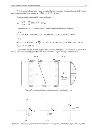 UNESP, Bauru/SP – Pilares de Concreto Armado 49
A força normal adimensional e a curvatura (na direção y, sujeita a momentos fletores de 2a
ordem)
são os mesmos do exemplo anterior:  = 0,78 e 1/r = 1,953 . 10-4
cm-1
.
A excentricidade máxima de 2a
ordem na direção y é:


r
1
10
e
2
e
y
2

13
,
4
10
.
953
,
1
10
460 4
2


cm
Fazendo M1d,A  M1d,mín em cada direção, tem-se o momento fletor total máximo:
Dir. x:
Md,tot,x = 3.260,0 kN.cm  M1d,mín,x = 5.594,4 kN.cm  Md,tot,x = 5.594,4 kN.cm
Dir. y:
Md,tot,y = 1,0 . 3263,4 + 
4
2
10
.
953
,
1
10
460
1554 9.685,4  M1d,mín,y = 3.263,4 kN.cm  ok!
Md,tot,y = 9.685,4 kN.cm
Os momentos fletores atuantes no pilar estão indicados na Figura 47. As situações de projeto e de
cálculo estão mostradas na Figura 48 (seções de extremidade) e Figura 49 (seção intermediária C).
3.260
1d,A,x
M
OU
6.422
1d,mín,y
M
3.263,4
5.594,4
M1d,mín,x
Dir. y
Dir. x
M2d,máx,y
+
Figura 47 – Momentos fletores atuantes no pilar, nas direções x e y.
S.P.
d
N
y
1 s.c.
3,60
e
N
x
d
e1x 1x,mín
a
2,10
e = 2,10
2 s.c.
a
1y,mín
d
N
Figura 48 – Situação de projeto e situações de cálculo nas seções de extremidade (topo e base do pilar).
 