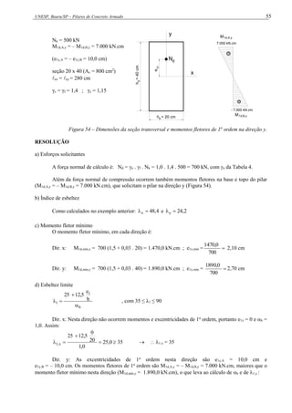 UNESP, Bauru/SP – Pilares de Concreto Armado 55
Nk = 500 kN
M1d,A,y = – M1d,B,y = 7.000 kN.cm
(e1y,A = – e1y,B = 10,0 cm)
seção 20 x 40 (Ac = 800 cm2
)
ex = ey = 280 cm
γc = γf = 1,4 ; γs = 1,15
e
h
=
40
cm
h = 20 cm
y
x
,y
1
d
N
x
y
+
7000 kN.cm
-
7000 kN.cm
- 7.000 kN.cm
7.000 kN.cm
1d,A,y
M
+
-
1d,B,y
M
Figura 54 – Dimensões da seção transversal e momentos fletores de 1a
ordem na direção y.
RESOLUÇÃO
a) Esforços solicitantes
A força normal de cálculo é: Nd = n . f . Nk = 1,0 . 1,4 . 500 = 700 kN, com n da Tabela 4.
Além da força normal de compressão ocorrem também momentos fletores na base e topo do pilar
(M1d,A,y = – M1d,B,y = 7.000 kN.cm), que solicitam o pilar na direção y (Figura 54).
b) Índice de esbeltez
Como calculados no exemplo anterior: 4
,
48
x 
 e 2
,
24
y 

c) Momento fletor mínimo
O momento fletor mínimo, em cada direção é:
Dir. x: M1d,mín,x = 700 (1,5 + 0,03 . 20) = 1.470,0 kN.cm ; e1x,mín = 
700
470,0
1
2,10 cm
Dir. y: M1d,mín,y = 700 (1,5 + 0,03 . 40) = 1.890,0 kN.cm ; e1y,mín = 
700
0,0
189
2,70 cm
d) Esbeltez limite
b
1
1
h
e
12,5
25



 , com 35 ≤ λ1 ≤ 90
Dir. x: Nesta direção não ocorrem momentos e excentricidades de 1a
ordem, portanto e1x = 0 e b =
1,0. Assim:
0
,
25
0
,
1
20
0
12,5
25
x
,
1 


  35   1,x = 35
Dir. y: As excentricidades de 1a
ordem nesta direção são e1y,A = 10,0 cm e
e1y,B = – 10,0 cm. Os momentos fletores de 1a
ordem são M1d,A,y = – M1d,B,y = 7.000 kN.cm, maiores que o
momento fletor mínimo nesta direção (M1d,mín,y = 1.890,0 kN.cm), o que leva ao cálculo de b e de 1,y :
 