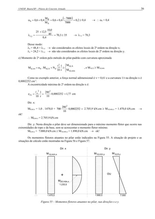UNESP, Bauru/SP – Pilares de Concreto Armado 56
  2
,
0
7000
7000
4
,
0
6
,
0
M
M
4
,
0
6
,
0
A
B
b 





  0,4   b = 0,4
3
,
70
4
,
0
40
10,0
12,5
25
y
,
1 


  35  1,y = 70,3
Desse modo:
x = 48,4 > 1,x  são considerados os efeitos locais de 2ª ordem na direção x;
y = 24,2 < 1,y  não são considerados os efeitos locais de 2ª ordem na direção y.
e) Momento de 2a
ordem pelo método do pilar-padrão com curvatura aproximada









mín
,
d
1
A
,
d
1
2
e
d
A
,
d
1
b
tot
,
d
M
M
r
1
10
N
M
.
M

, e M1d,A  M1d,mín
Como no exemplo anterior, a força normal adimensional é  = 0,61 e a curvatura 1/r na direção x é
0,0002252 cm-1
.
A excentricidade máxima de 2a
ordem na direção x é:


r
1
10
e
2
e
x
2

77
,
1
0002252
,
0
10
2802
 cm
Dir. x:
Md,tot,x = 1,0 . 1470,0 + 
0002252
,
0
10
280
700
2
2.705,9 kN.cm  M1d,mín,x = 1.470,0 kN.cm 
ok!
 Md,tot,x = 2.705,9 kN.cm
Dir. y: Nesta direção o pilar deve ser dimensionado para o máximo momento fletor que ocorre nas
extremidades do topo e da base, sem se acrescentar o momento fletor mínimo.
Md,tot,y = 7.000,0 kN.cm  M1d,mín,y = 1.890,0 kN.cm  ok!
Os momentos fletores atuantes no pilar estão indicados na Figura 55. A situação de projeto e as
situações de cálculo estão mostradas na Figura 56 e Figura 57.
+
2d,máx,x
M
Dir. x Dir. y
1d,mín,x
M
1.470,0 1.890,0
M1d,mín,y
1.235,9
OU
M1d,A,y
7.000
Figura 55 – Momentos fletores atuantes no pilar, nas direções x e y.
 