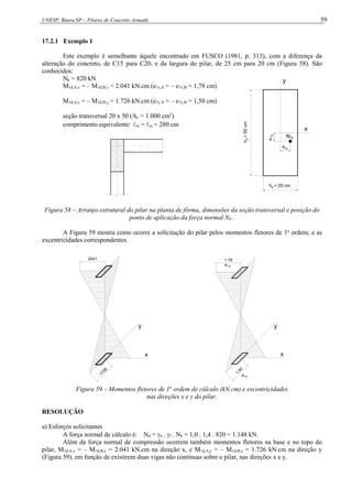 UNESP, Bauru/SP – Pilares de Concreto Armado 59
17.2.1 Exemplo 1
Este exemplo é semelhante àquele encontrado em FUSCO (1981, p. 313), com a diferença da
alteração do concreto, de C15 para C20, e da largura do pilar, de 25 cm para 20 cm (Figura 58). São
conhecidos:
Nk = 820 kN
M1d,A,x = – M1d,B,x = 2.041 kN.cm (e1x,A = – e1x,B = 1,78 cm)
M1d,A,y = – M1d,B,y = 1.726 kN.cm (e1y,A = – e1y,B = 1,50 cm)
seção transversal 20 x 50 (Ac = 1.000 cm2
)
comprimento equivalente: ex = ey = 280 cm
e
d
N
e1x
1y
x
y
h = 20 cm
x
h
=
50
cm
y
Figura 58 – Arranjo estrutural do pilar na planta de fôrma, dimensões da seção transversal e posição do
ponto de aplicação da força normal Nd .
A Figura 59 mostra como ocorre a solicitação do pilar pelos momentos fletores de 1a
ordem, e as
excentricidades correspondentes.
x
y
1726
2041
1
,
5
0
1,78
x
y
e1x
e1y
Figura 59 – Momentos fletores de 1a
ordem de cálculo (kN.cm) e excentricidades
nas direções x e y do pilar.
RESOLUÇÃO
a) Esforços solicitantes
A força normal de cálculo é: Nd = n . f . Nk = 1,0 . 1,4 . 820 = 1.148 kN.
Além da força normal de compressão ocorrem também momentos fletores na base e no topo do
pilar, M1d,A,x = – M1d,B,x = 2.041 kN.cm na direção x, e M1d,A,y = – M1d,B,y = 1.726 kN.cm na direção y
(Figura 59), em função de existirem duas vigas não contínuas sobre o pilar, nas direções x e y.
 