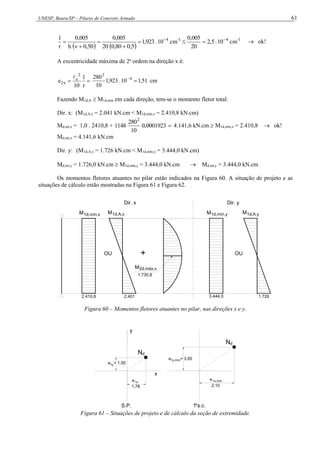 UNESP, Bauru/SP – Pilares de Concreto Armado 61
   
1
-
4
1
-
4
cm
10
.
5
,
2
20
005
,
0
cm
10
.
923
,
1
5
,
0
80
,
0
20
005
,
0
50
,
0
h
005
,
0
r
1 








  ok!
A excentricidade máxima de 2a
ordem na direção x é:


r
1
10
e
2
e
x
2

51
,
1
10
.
923
,
1
10
280 4
2


cm
Fazendo M1d,A  M1d,mín em cada direção, tem-se o momento fletor total:
Dir. x: (M1d,A,x = 2.041 kN.cm < M1d,mín,x = 2.410,8 kN.cm)
Md,tot,x = 1,0 . 2410,8 + 
0001923
,
0
10
280
1148
2
4.141,6 kN.cm  M1d,mín,x = 2.410,8  ok!
Md,tot,x = 4.141,6 kN.cm
Dir. y: (M1d,A,y = 1.726 kN.cm < M1d,mín,y = 3.444,0 kN.cm)
Md,tot,y = 1.726,0 kN.cm  M1d,mín,y = 3.444,0 kN.cm  Md,tot,y = 3.444,0 kN.cm
Os momentos fletores atuantes no pilar estão indicados na Figura 60. A situação de projeto e as
situações de cálculo estão mostradas na Figura 61 e Figura 62.
1.726
1d,A,y
M
OU
1.730,8
1d,mín,y
M
3.444,0
2.410,8
M1d,mín,x
Dir. y
Dir. x
M2d,máx,x
+
M1d,A,x
2.401
OU
Figura 60 – Momentos fletores atuantes no pilar, nas direções x e y.
S.P.
d
N
y
1 s.c.
2,10
e
N
x
d
e
1,78
1x
a
1x,mín
e = 1,50
1y
e = 3,00
1y,mín
Figura 61 – Situações de projeto e de cálculo da seção de extremidade.
 