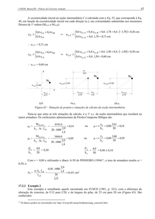 UNESP, Bauru/SP – Pilares de Concreto Armado 62
A excentricidade inicial na seção intermediária C é calculada com a Eq. 53, que corresponde à Eq.
49, em função da excentricidade inicial em cada direção (e1), nas extremidades submetidas aos momentos
fletores de 1a
ordem (M1d,A e M1d,B):


 

A
1
B
1
A
1
C
1
e
4
,
0
e
4
,
0
e
6
,
0
e 
 













cm
71
,
0
78
,
1
.
4
,
0
e
4
,
0
cm
36
,
0
78
,
1
.
4
,
0
78
,
1
.
6
,
0
e
4
,
0
e
6
,
0
e
A
,
x
1
B
,
x
1
A
,
x
1
C
,
x
1
 e1x,C = 0,71 cm


 

A
1
B
1
A
1
C
1
e
4
,
0
e
4
,
0
e
6
,
0
e 
 













cm
60
,
0
50
,
1
.
4
,
0
e
4
,
0
cm
30
,
0
50
,
1
.
4
,
0
50
,
1
.
6
,
0
e
4
,
0
e
6
,
0
e
A
,
y
1
B
,
y
1
A
,
y
1
C
,
y
1
 e1y,C = 0,60 cm
e = 3,00
S.P.
0,71
e
e = 0,60
1y,C
x
1x,C
d
N
1y,mín
a
1 s.c.
e
1,51
1x,mín
y
Nd
2x
e
2,10
e
3,61
x
d
N
2 s.c.
e = 3,00
1y,mín
2,10
1x,mín
e
a
Figura 62 – Situação de projeto e situações de cálculo da seção intermediária.
Nota-se que entre as três situações de cálculo, é a 1a
s.c. da seção intermediária que resultará na
maior armadura. Os coeficientes adimensionais da Flexão Composta Oblíqua são:
x =
cd
c
x
x
,
tot
,
d
f
.
A
.
h
M
= 14
,
0
4
,
1
0
,
2
1000
.
20
6
,
4141
 ou 14
,
0
20
61
,
3
80
,
0
h
e
x
x





y =
cd
c
y
y
,
tot
,
d
f
.
A
.
h
M
= 05
,
0
4
,
1
0
,
2
1000
.
50
0
,
3444
 ou 05
,
0
50
00
,
3
80
,
0
h
e
y
y





x
x
h
'
d
=
20
0
,
4
= 0,20
y
y
h
'
d
=
50
0
,
4
= 0,08  0,10
Com  = 0,80 e utilizando o ábaco A-50 de PINHEIRO (1994)11
, a taxa de armadura resulta ω =
0,50, e:
As =
yd
cd
c
f
f
A

= 43
,
16
15
,
1
50
4
,
1
0
,
2
1000
.
50
,
0
 cm2
17.2.2 Exemplo 2
Este exemplo é semelhante aquele encontrado em FUSCO (1981, p. 321), com a diferença da
alteração do concreto, de C15 para C20, e da largura do pilar, de 25 cm para 20 cm (Figura 63). São
conhecidos:
11
Os ábacos podem ser encontrados em: http://wwwp.feb.unesp.br/pbastos/pag_concreto2.htm
 