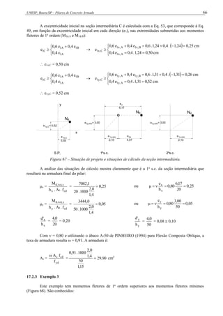 UNESP, Bauru/SP – Pilares de Concreto Armado 66
A excentricidade inicial na seção intermediária C é calculada com a Eq. 53, que corresponde à Eq.
49, em função da excentricidade inicial em cada direção (e1), nas extremidades submetidas aos momentos
fletores de 1a
ordem (M1d,A e M1d,B):


 

A
1
B
1
A
1
C
1
e
4
,
0
e
4
,
0
e
6
,
0
e 
 













cm
50
,
0
24
,
1
.
4
,
0
e
4
,
0
cm
25
,
0
24
,
1
.
4
,
0
24
,
1
.
6
,
0
e
4
,
0
e
6
,
0
e
A
,
x
1
B
,
x
1
A
,
x
1
C
,
x
1
 e1x,C = 0,50 cm


 

A
1
B
1
A
1
C
1
e
4
,
0
e
4
,
0
e
6
,
0
e 
 













cm
52
,
0
31
,
1
.
4
,
0
e
4
,
0
cm
26
,
0
31
,
1
.
4
,
0
31
,
1
.
6
,
0
e
4
,
0
e
6
,
0
e
A
,
y
1
B
,
y
1
A
,
y
1
C
,
y
1
 e1y,C = 0,52 cm
0,50
1x,C
N
e
S.P.
e = 0,52
1y,C
y
d
N
d
N
e
4,07
1 s.c.
e = 3,00
x
d
1y,mín
2,10
1x,mín
e
a
2 s.c.
e = 3,00
2x
1y,mín
e1x,mín
2,10
a
x
e
6,17
Figura 67 – Situação de projeto e situações de cálculo da seção intermediária.
A análise das situações de cálculo mostra claramente que é a 1a
s.c. da seção intermediária que
resultará na armadura final do pilar:
x =
cd
c
x
x
,
tot
,
d
f
.
A
.
h
M
= 25
,
0
4
,
1
0
,
2
1000
.
20
1
,
7082
 ou 25
,
0
20
17
,
6
80
,
0
h
e
x
x





y =
cd
c
y
y
,
tot
,
d
f
.
A
.
h
M
= 05
,
0
4
,
1
0
,
2
1000
.
50
0
,
3444
 ou 05
,
0
50
00
,
3
80
,
0
h
e
y
y





x
x
h
'
d
=
20
0
,
4
= 0,20
y
y
h
'
d
=
50
0
,
4
= 0,08  0,10
Com  = 0,80 e utilizando o ábaco A-50 de PINHEIRO (1994) para Flexão Composta Oblíqua, a
taxa de armadura resulta ω = 0,91. A armadura é:
As =
yd
cd
c
f
f
A

= 90
,
29
15
,
1
50
4
,
1
0
,
2
1000
.
91
,
0
 cm2
17.2.3 Exemplo 3
Este exemplo tem momentos fletores de 1a
ordem superiores aos momentos fletores mínimos
(Figura 68). São conhecidos:
 