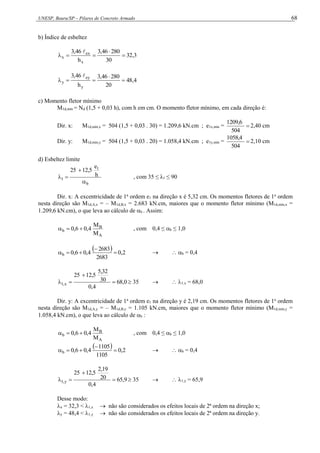 UNESP, Bauru/SP – Pilares de Concreto Armado 68
b) Índice de esbeltez
3
,
32
30
280
46
,
3
h
46
,
3
x
ex
x 





4
,
48
20
280
46
,
3
h
46
,
3
y
ey
y 





c) Momento fletor mínimo
M1d,mín = Nd (1,5 + 0,03 h), com h em cm. O momento fletor mínimo, em cada direção é:
Dir. x: M1d,mín,x = 504 (1,5 + 0,03 . 30) = 1.209,6 kN.cm ; e1x,mín = 
504
209,6
1
2,40 cm
Dir. y: M1d,mín,y = 504 (1,5 + 0,03 . 20) = 1.058,4 kN.cm ; e1y,mín = 
504
058,4
1
2,10 cm
d) Esbeltez limite
b
1
1
h
e
12,5
25



 , com 35 ≤ λ1 ≤ 90
Dir. x: A excentricidade de 1a
ordem e1 na direção x é 5,32 cm. Os momentos fletores de 1a
ordem
nesta direção são M1d,A,x = – M1d,B,x = 2.683 kN.cm, maiores que o momento fletor mínimo (M1d,mín,x =
1.209,6 kN.cm), o que leva ao cálculo de b . Assim:
A
B
b
M
M
4
,
0
6
,
0 

 , com 0,4 ≤ b ≤ 1,0
  2
,
0
2683
2683
4
,
0
6
,
0
b 



   b = 0,4
0
,
68
4
,
0
30
5,32
12,5
25
x
,
1 


  35   1,x = 68,0
Dir. y: A excentricidade de 1a
ordem e1 na direção y é 2,19 cm. Os momentos fletores de 1a
ordem
nesta direção são M1d,A,y = – M1d,B,y = 1.105 kN.cm, maiores que o momento fletor mínimo (M1d,mín,y =
1.058,4 kN.cm), o que leva ao cálculo de b :
A
B
b
M
M
4
,
0
6
,
0 

 , com 0,4 ≤ b ≤ 1,0
  2
,
0
1105
1105
4
,
0
6
,
0
b 



   b = 0,4
9
,
65
4
,
0
20
2,19
12,5
25
y
,
1 


  35   1,y = 65,9
Desse modo:
x = 32,3 < 1,x  não são considerados os efeitos locais de 2ª ordem na direção x;
y = 48,4 < 1,y  não são considerados os efeitos locais de 2ª ordem na direção y.
 