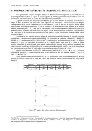 UNESP, Bauru/SP – Pilares de Concreto Armado 76
21 DIMENSIONAMENTO DE PILARES DE UMA EDIFICAÇÃO DE BAIXA ALTURA
São apresentados a seguir exemplos práticos do dimensionamento de pilares de uma edificação de
pequeno porte e baixa altura. A Figura 78 mostra a planta de fôrma do pavimento tipo do edifício, com três
pavimentos. Por simplicidade, os efeitos do vento não serão considerados.
A planta de fôrma foi concebida considerando que existem paredes de alvenaria de vedação ao
longo de toda a periferia da edificação, com espessura de “um tijolo”, confeccionadas com largura
correspondente a de blocos cerâmicos furados de dimensão 19 cm, e por isso as vigas e pilares foram
especificados com largura também de 19 cm, de tal modo a ficarem embutidos nas paredes. Já as paredes
internas, sobre as vigas V2, V3 e V6, são de “meio tijolo”, com largura de blocos cerâmicos de vedação de
dimensão 14 cm, de modo que essas vigas tem largura 14 cm, a fim de ficarem embutidas. Os pilares P5 e
P8, com intenção de também ficaram embutidos nas paredes, serão inicialmente dimensionados com a
largura de 14 cm.
A edificação está inserida em zona urbana de uma cidade de região litorânea, de tal modo que será
considerada a classe de agressividade ambiental III. Em consequência, conforme a Tabela 7.1 e Tabela 7.2
da NBR 6118 e apresentado em BASTOS (2014)12
, o concreto deve ser no mínimo o C30 (fck = 30 MPa), a
relação a/c ≤ 0,55, e o cobrimento de concreto de 3,5 cm para viga e pilar, com c = 5 mm. A norma
permite uma classe de agressividade mais branda para ambientes internos secos, por isso, no cálculo dos
pilares internos à edificação (pilares P5 e P8), o cobrimento será diminuído para 2,5 cm. Os demais pilares,
que encontram-se na periferia da edificação, serão calculados com cobrimento de 3,5 cm.
Outros dados adotados: aço CA-50, coeficientes de ponderação: c = γf = 1,4 , s = 1,15, concreto
com brita 1, sem brita 2. Para a tensão de início de escoamento do aço será adotado o valor: fyd = fyk/s =
50/1,15 = 43,5 kN/cm2
.
Serão dimensionados os lances entre o 1 e o 2 pavimentos, como indicado na Figura 77. A carga
normal característica aplicada na base dos lances dos pilares a serem dimensionados está indicada na
Tabela 5.
Tabela 5 – Carga normal (kN) característica nos pilares.
Pilar P1 P2 P5 P6 P8
Nk 130 280 650 300 700
Cob.
2° Pav.
1° Pav.
Tér.
280
280
280
Figura 77 – Lance dos pilares a serem dimensionados.
12
BASTOS, P.S.S. Fundamentos, Cap. 3. Disciplina 2117 – Estruturas de Concreto I. Bauru/SP, Departamento Engenharia Civil,
Faculdade de Engenharia - Universidade Estadual Paulista (UNESP), set/2014, 29p. Disponível em (23/07/2015):
http://wwwp.feb.unesp.br/pbastos/concreto1/Fundamentos.pdf
 