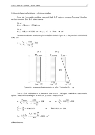 UNESP, Bauru/SP – Pilares de Concreto Armado 87
f) Momento fletor total solicitante e cálculo da armadura
Como não é necessário considerar a excentricidade de 2a
ordem, o momento fletor total é igual ao
máximo momento fletor de 1a
ordem, ou seja:
Dir. x:
Md,tot,x = M1d,mín,x = 3.276 kN.cm
Dir. y:
Md,tot,y = M1d,A = 3.330 kN.cm  M1d,mín,y = 2.129 kN.cm  ok!
Os momentos fletores atuantes no pilar estão indicados na Figura 86. A força normal adimensional
é (Eq. 20):
68
,
0
4
,
1
0
,
3
750
1092
f
.
A
N
cd
c
d




1d,mín,x
M
3.276 2.129
M1d,mín,y
Dir. x Dir. y
e = 1,95
1y,mín
1x,mín
e = 3,00 e = 3,05
1A,y
3.330
1d,A,y
M
OU
Figura 86 – Momentos fletores atuantes no pilar P5, nas direções x e y.
Com  = 0,68 e utilizando-se os ábacos de VENTURINI (1987) para Flexão Reta, considerando
apenas a direção relativa à largura do pilar (dir. y), que é a direção crítica:
 =
cd
c
y
y
,
tot
,
d
f
.
A
.
h
M
= 

4
,
1
0
,
3
750
.
15
3330
0,14 ou 14
,
0
15
05
,
3
68
,
0
h
e
y
y





y
y
h
'
d
=
15
6
,
3
= 0,24  0,25  Ábaco A-5: ω = 0,38
As =
yd
cd
c
f
f
A

= 04
,
14
5
,
43
4
,
1
0
,
3
750
.
38
,
0


cm2
g) Detalhamento
 