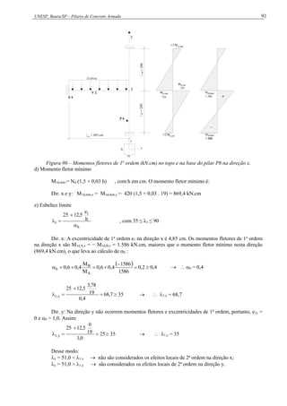 UNESP, Bauru/SP – Pilares de Concreto Armado 91
+
-
x
y
ef = 493 cm
P 5
P 6
V 2
32 kN/m
=
280
y
x
19
19
1/2 M k,sup
1/2 Mk,inf
Md,topo
1.586
1.586
d,base
M
sup
=
280
inf
755
755
k,inf
M
Mk,sup
Figura 90 – Momentos fletores de 1a
ordem (kN.cm) no topo e na base do pilar P6 na direção x.
d) Momento fletor mínimo
M1d,mín = Nd (1,5 + 0,03 h) , com h em cm. O momento fletor mínimo é:
Dir. x e y: M1d,mín,x = M1d,mín,y = 420 (1,5 + 0,03 . 19) = 869,4 kN.cm
e) Esbeltez limite
b
1
1
h
e
12,5
25



 , com 35 ≤ λ1 ≤ 90
Dir. x: A excentricidade de 1a
ordem e1 na direção x é 4,85 cm. Os momentos fletores de 1a
ordem
na direção x são M1d,A,x = − M1d,B,x = 1.586 kN.cm, maiores que o momento fletor mínimo nesta direção
(869,4 kN.cm), o que leva ao cálculo de b :
  2
,
0
1586
1586
4
,
0
6
,
0
M
M
4
,
0
6
,
0
A
B
b 





  0,4   b = 0,4
7
,
68
4
,
0
19
3,78
12,5
25
x
,
1 


  35   1,x = 68,7
Dir. y: Na direção y não ocorrem momentos fletores e excentricidades de 1a
ordem, portanto, e1y =
0 e b = 1,0. Assim:
25
0
,
1
19
0
12,5
25
y
,
1 


  35   1,y = 35
Desse modo:
x = 51,0 < 1,x  não são considerados os efeitos locais de 2ª ordem na direção x;
y = 51,0 > 1,y  são considerados os efeitos locais de 2ª ordem na direção y.
 