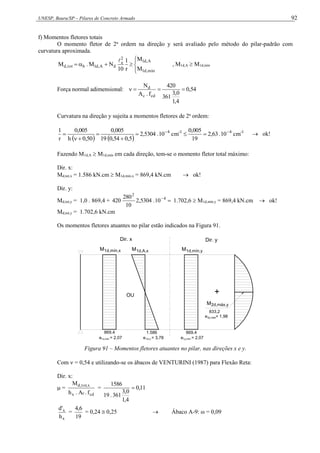 UNESP, Bauru/SP – Pilares de Concreto Armado 92
f) Momentos fletores totais
O momento fletor de 2a
ordem na direção y será avaliado pelo método do pilar-padrão com
curvatura aproximada.









mín
,
d
1
A
,
d
1
2
e
d
A
,
d
1
b
tot
,
d
M
M
r
1
10
N
M
.
M

, M1d,A  M1d,mín
Força normal adimensional: 54
,
0
4
,
1
0
,
3
361
420
f
.
A
N
cd
c
d




Curvatura na direção y sujeita a momentos fletores de 2a
ordem:
   
1
-
4
1
-
4
cm
10
.
63
,
2
19
005
,
0
cm
10
.
5304
,
2
5
,
0
54
,
0
19
005
,
0
50
,
0
h
005
,
0
r
1 








  ok!
Fazendo M1d,A  M1d,mín em cada direção, tem-se o momento fletor total máximo:
Dir. x:
Md,tot,x = 1.586 kN.cm  M1d,mín,x = 869,4 kN.cm  ok!
Dir. y:
Md,tot,y = 1,0 . 869,4 + 
4
2
10
.
5304
,
2
10
280
420 1.702,6  M1d,mín,y = 869,4 kN.cm  ok!
Md,tot,y = 1.702,6 kN.cm
Os momentos fletores atuantes no pilar estão indicados na Figura 91.
OU
M1d,A,x
1.586
1A,x
e = 3,78
e = 2,07
1x,mín 1y,mín
e = 2,07
Dir. y
Dir. x
1d,mín,y
M
869,4
869,4
M1d,mín,x
833,2
M2d,máx,y
+
2y,máx
e = 1,98
Figura 91 – Momentos fletores atuantes no pilar, nas direções x e y.
Com  = 0,54 e utilizando-se os ábacos de VENTURINI (1987) para Flexão Reta:
Dir. x:
 =
cd
c
x
x
,
tot
,
d
f
.
A
.
h
M
= 11
,
0
4
,
1
0
,
3
361
.
19
1586

x
x
h
'
d
=
19
6
,
4
= 0,24  0,25  Ábaco A-9: ω = 0,09
 