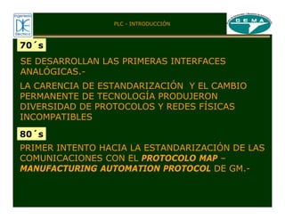 70´s
SE DESARROLLAN LAS PRIMERAS INTERFACES
ANALÓGICAS.-
LA CARENCIA DE ESTANDARIZACIÓN Y EL CAMBIO
PERMANENTE DE TECNOLOGÍA PRODUJERON
DIVERSIDAD DE PROTOCOLOS Y REDES FÍSICAS
INCOMPATIBLES
80´s
PRIMER INTENTO HACIA LA ESTANDARIZACIÓN DE LAS
COMUNICACIONES CON EL PROTOCOLO MAP –
MANUFACTURING AUTOMATION PROTOCOL DE GM.-
PLC - INTRODUCCIÓN
 
