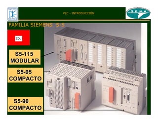 FAMILIA SIEMENS S-5
S5
S5-
-115
115
MODULAR
MODULAR
S5
S5-
-95
95
COMPACTO
COMPACTO
S5
S5-
-90
90
COMPACTO
COMPACTO
PLC - INTRODUCCIÓN
 