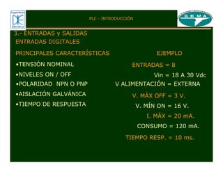 PLC - INTRODUCCIÓN
3.- ENTRADAS y SALIDAS
ENTRADAS DIGITALES
ENTRADAS DIGITALES
PRINCIPALES CARACTERÍSTICAS
•TENSIÓN NOMINAL
•NIVELES ON / OFF
•POLARIDAD NPN O PNP
•AISLACIÓN GALVÁNICA
•TIEMPO DE RESPUESTA
EJEMPLO
ENTRADAS = 8
Vin = 18 A 30 Vdc
V ALIMENTACIÓN = EXTERNA
V. MÁX OFF = 3 V.
V. MÍN ON = 16 V.
I. MÁX = 20 mA.
TIEMPO RESP. = 10 ms.
CONSUMO = 120 mA.
 