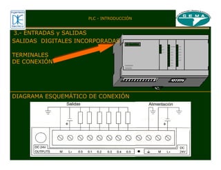 TERMINALES
DE CONEXIÓN
DIAGRAMA ESQUEMÁTICO DE CONEXIÓN
PLC - INTRODUCCIÓN
3.- ENTRADAS y SALIDAS
SALIDAS DIGITALES INCORPORADAS
 