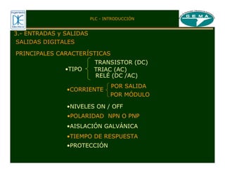 PLC - INTRODUCCIÓN
3.- ENTRADAS y SALIDAS
SALIDAS DIGITALES
SALIDAS DIGITALES
PRINCIPALES CARACTERÍSTICAS
•TIPO
•NIVELES ON / OFF
•POLARIDAD NPN O PNP
•AISLACIÓN GALVÁNICA
•TIEMPO DE RESPUESTA
TRANSISTOR (DC)
TRIAC (AC)
RELÉ (DC /AC)
•PROTECCIÓN
POR SALIDA
POR MÓDULO
•CORRIENTE
 