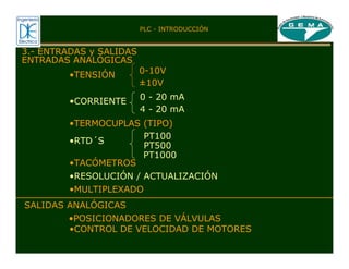 ENTRADAS ANALÓGICAS
SALIDAS ANALÓGICAS
•TERMOCUPLAS (TIPO)
•TACÓMETROS
•POSICIONADORES DE VÁLVULAS
•CONTROL DE VELOCIDAD DE MOTORES
PLC - INTRODUCCIÓN
3.- ENTRADAS y SALIDAS
0-10V
±10V
0 - 20 mA
4 - 20 mA
PT100
PT500
PT1000
•RESOLUCIÓN / ACTUALIZACIÓN
•MULTIPLEXADO
•TENSIÓN
•CORRIENTE
•RTD´S
 