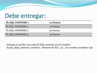 Debe entregar:
PL/SQL ANÓNIMO 1

20 Puntos

PL/SQL ANÓNIMO 2

20 Puntos

PL/SQL ANÓNIMO 3

30 Puntos

PL/SQL ANÓNIMO 4

30 Puntos

Entrege un archivo con cada PL/SQL anónimo con el nombre:
Script_plsql_anónimo_modulo1_<Número de PL[1..4]>_<su nombre completo>.sql

 
