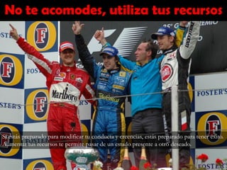 No te acomodes, utiliza tus recursos
Si estás preparado para modificar tu conducta y creencias, estás preparado para tener éxito.
Aumentar tus recursos te permite pasar de un estado presente a otro deseado.
 