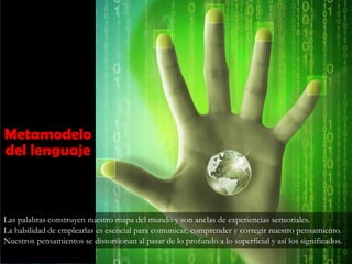 Metamodelo
del lenguaje
Las palabras construyen nuestro mapa del mundo y son anclas de experiencias sensoriales.
La habilidad de emplearlas es esencial para comunicar, comprender y corregir nuestro pensamiento.
Nuestros pensamientos se distorsionan al pasar de lo profundo a lo superficial y así los significados.
 