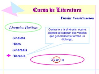Curso de Literatura
Poesía: Versificación
Poesía

Licencias Poéticas
Sinalefa

Contrario a la sinéresis; ocurre
cuando se separan dos vocales
que generalmente forman un
diptongo.

Hiato
Sinéresis
Diéresis
G ü-an - te

 