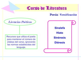 Curso de Literatura
Poesía: Versificación
Poesía

Licencias Poéticas
Sinalefa
Hiato
Recursos que utiliza el poeta
para mantener el número de
sílabas del verso, ignorando
las normas establecidas del
lenguaje.

Sinéresis
Diéresis

 