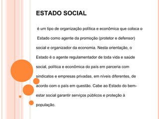 ESTADO SOCIAL

é um tipo de organização política e econômica que coloca o

Estado como agente da promoção (protetor e defensor)

social e organizador da economia. Nesta orientação, o

Estado é o agente regulamentador de toda vida e saúde

social, política e econômica do país em parceria com

sindicatos e empresas privadas, em níveis diferentes, de

acordo com o país em questão. Cabe ao Estado do bem-

estar social garantir serviços públicos e proteção à

população.
 