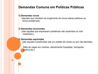 Demandas Comuns em Políticas Públicas

1) Demandas novas
   (àquelas que resultam do surgimento de novos atores políticos ou
    novos problemas).


2) Demandas recorrentes
   (são aquelas que expressam problemas não resolvidos ou mal
    resolvidos.)

3) Demandas reprimidas
    (são aquelas constituídas sob um estado de coisas ou por não-decisão).

    (falta de vagas em creches, atendimento hospitalar, transporte
     púbico etc.)
 