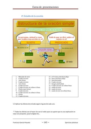 Curso de presentaciones
Francisco García-Pozuelo ~ 145 ~ Ejercicios prácticos
4º.Estudio de la oración
1. Marcador de texto
2. Cuadro de texto
3. Auto forma
4. Cuadro de texto
5. Auto forma
6. Cuadro de texto
7. Cuadro de texto sin relleno ni línea
8. Flecha (auto forma)
9. Cuadro de texto
10. Cuadro de texto sin relleno ni línea
11. Flecha
12. Cuadro de texto
13. (15) Línea corta hacia abajo
14. línea corta hacia abajo
15. línea horizontal
16. Cuadro de texto
17. Imagen prediseñada
18. Cuadro de texto sin relleno/línea
19. cuadro de texto
20. cuadro de texto
21. cuado de texto sin relleno/línea.
 Aplicar los efectos de entrada según el gusto de cada uno.
 Todos los efectos son al hacer clic con el ratón pues se supone que es una explicación en
clase con proyector, pizarra digital etc…
 