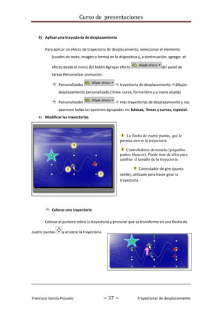 Curso de presentaciones
Francisco García-Pozuelo ~ 37 ~ Trayectorias de desplazamiento
3) Aplicar una trayectoria de desplazamiento
Para aplicar un efecto de trayectoria de desplazamiento, seleccionar el elemento
(cuadro de texto, imagen o forma) en la diapositiva y, a continuación, agregar el
efecto desde el menú del botón Agregar efecto del panel de
tareas Personalizar animación.
 Personalizadas  trayectoria de desplazamiento dibujar
desplazamiento personalizado.( línea, curva, forma libre y a mano alzada)
 Personalizadas  más trayectorias de desplazamiento y nos
aparecen todas las opciones agrupadas en: básicas, líneas y curvas, especial.
4) Modificar las trayectorias
La flecha de cuatro puntas, que le
permite mover la trayectoria.
Controladores de tamaño (pequeños
puntos blancos). Puede tirar de ellos para
cambiar el tamaño de la trayectoria.
Controlador de giro (punto
verde), utilizado para hacer girar la
trayectoria.
 Colocar una trayectoria
Colocar el puntero sobre la trayectoria y procurar que se transforme en una flecha de
cuatro puntas y arrastre la trayectoria
 