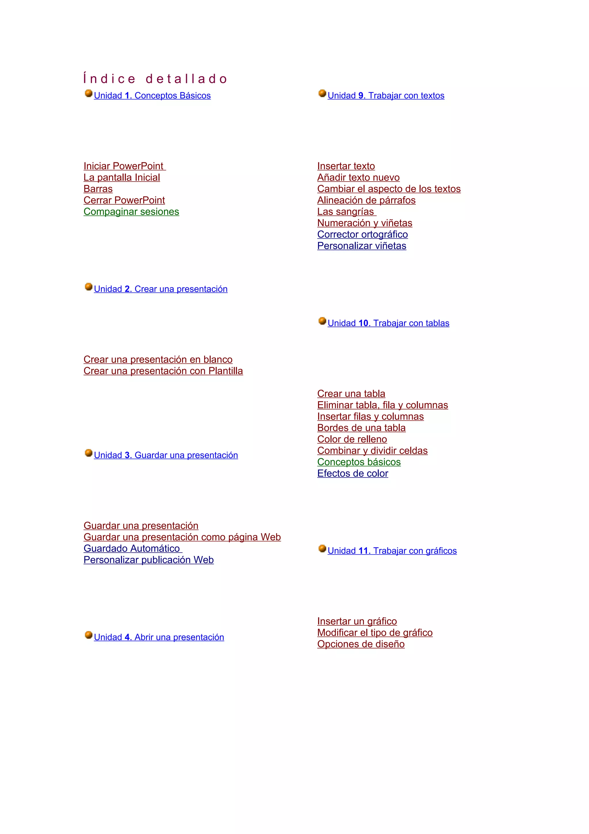 Índice detallado
  Unidad 1. Conceptos Básicos                Unidad 9. Trabajar con textos




Iniciar PowerPoint                         Insertar texto
La pantalla Inicial                        Añadir texto nuevo
Barras                                     Cambiar el aspecto de los textos
Cerrar PowerPoint                          Alineación de párrafos
Compaginar sesiones                        Las sangrías
                                           Numeración y viñetas
                                           Corrector ortográfico
                                           Personalizar viñetas



  Unidad 2. Crear una presentación


                                             Unidad 10. Trabajar con tablas



Crear una presentación en blanco
Crear una presentación con Plantilla

                                           Crear una tabla
                                           Eliminar tabla, fila y columnas
                                           Insertar filas y columnas
                                           Bordes de una tabla
                                           Color de relleno
  Unidad 3. Guardar una presentación       Combinar y dividir celdas
                                           Conceptos básicos
                                           Efectos de color




Guardar una presentación
Guardar una presentación como página Web
Guardado Automático                          Unidad 11. Trabajar con gráficos
Personalizar publicación Web




                                           Insertar un gráfico
  Unidad 4. Abrir una presentación         Modificar el tipo de gráfico
                                           Opciones de diseño
 