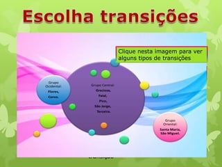 Açores

Clique nesta imagem para ver
alguns tipos de transições

Grupo
Ocidental:

Grupo Central:

Flores,

Graciosa,

Corvo.

Tem a opção de
escolher a
transição.

Faial,
Pico,

São Jorge,
Terceira.
Grupo
Oriental:

Santa Maria,
São Miguel.

Tem a opção de
escolher a direção da
transição

 
