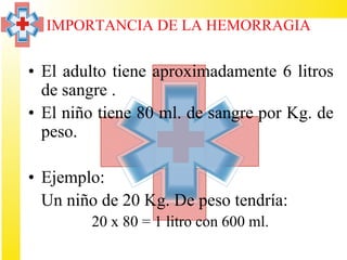 IMPORTANCIA DE LA HEMORRAGIA


• El adulto tiene aproximadamente 6 litros
  de sangre .
• El niño tiene 80 ml. de sangre por Kg. de
  peso.

• Ejemplo:
  Un niño de 20 Kg. De peso tendría:
        20 x 80 = 1 litro con 600 ml.
 