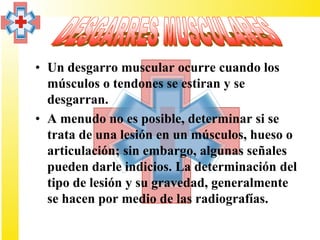 • Un desgarro muscular ocurre cuando los
  músculos o tendones se estiran y se
  desgarran.
• A menudo no es posible, determinar si se
  trata de una lesión en un músculos, hueso o
  articulación; sin embargo, algunas señales
  pueden darle indicios. La determinación del
  tipo de lesión y su gravedad, generalmente
  se hacen por medio de las radiografías.
 