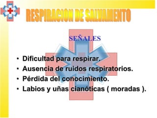 SEÑALES

•   Dificultad para respirar.
•   Ausencia de ruidos respiratorios.
•   Pérdida del conocimiento.
•   Labios y uñas cianóticas ( moradas ).
 
