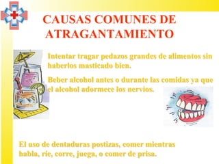 CAUSAS COMUNES DE
      ATRAGANTAMIENTO
        Intentar tragar pedazos grandes de alimentos sin
        haberlos masticado bien.
        Beber alcohol antes o durante las comidas ya que
        el alcohol adormece los nervios.




El uso de dentaduras postizas, comer mientras
habla, ríe, corre, juega, o comer de prisa.
 