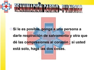 Si le es posible, ponga a una persona a
 darle respiración de salvamento y otra que
 dé las compresiones al corazón ; si usted
 está solo, haga las dos cosas.
 