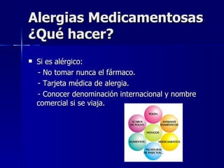 Alergias Medicamentosas
¿Qué hacer?
   Si es alérgico:
    - No tomar nunca el fármaco.
    - Tarjeta médica de alergia.
...