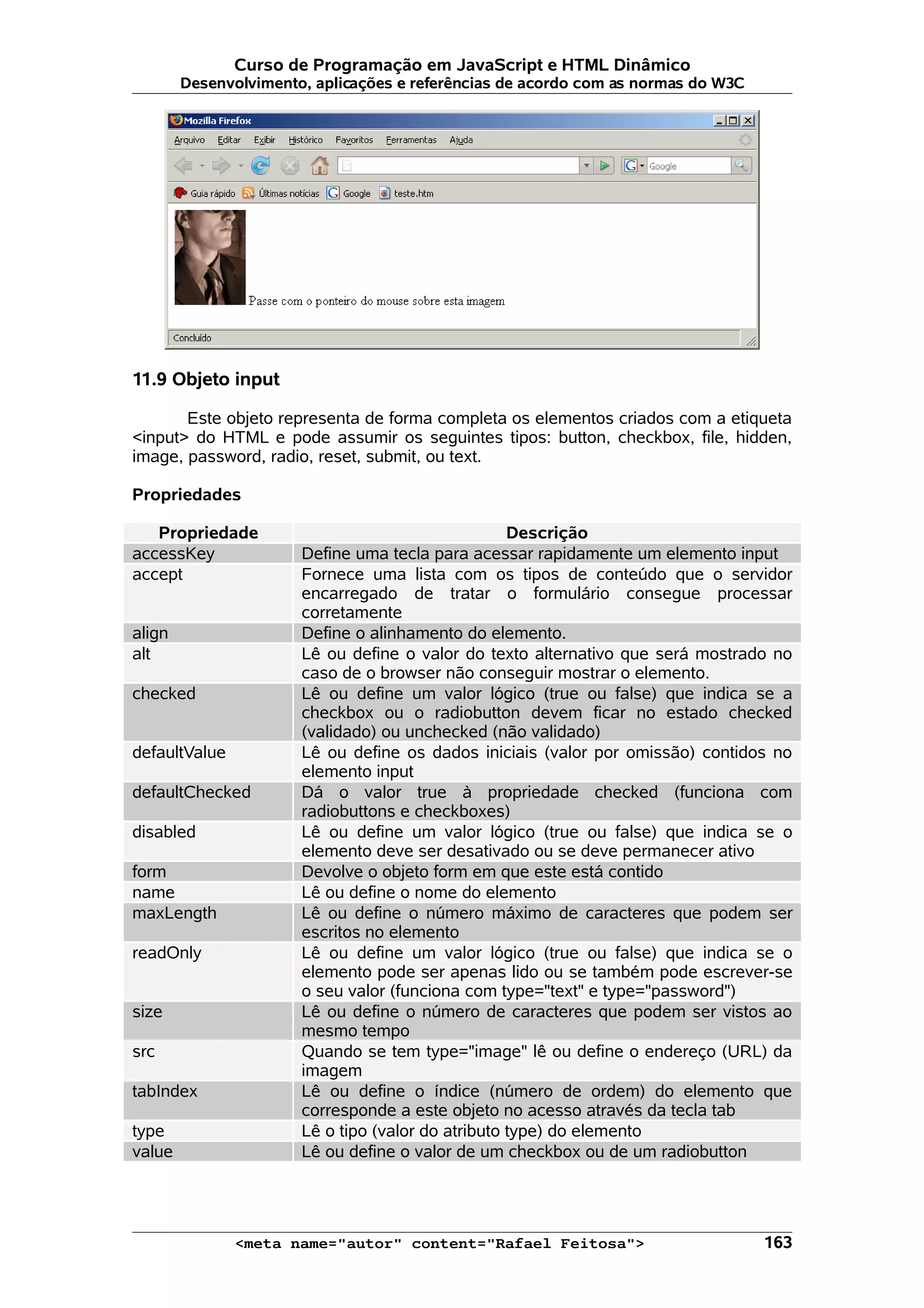 Curso de Programação em JavaScript e HTML Dinâmico
        Desenvolvimento, aplicações e referências de acordo com as normas do W3C




11.9 Objeto input

       Este objeto representa de forma completa os elementos criados com a etiqueta
<input> do HTML e pode assumir os seguintes tipos: button, checkbox, file, hidden,
image, password, radio, reset, submit, ou text.

Propriedades

   Propriedade                                      Descrição
accessKey              Define uma tecla para acessar rapidamente um elemento input
accept                 Fornece uma lista com os tipos de conteúdo que o servidor
                       encarregado de tratar o formulário consegue processar
                       corretamente
align                  Define o alinhamento do elemento.
alt                    Lê ou define o valor do texto alternativo que será mostrado no
                       caso de o browser não conseguir mostrar o elemento.
checked                Lê ou define um valor lógico (true ou false) que indica se a
                       checkbox ou o radiobutton devem ficar no estado checked
                       (validado) ou unchecked (não validado)
defaultValue           Lê ou define os dados iniciais (valor por omissão) contidos no
                       elemento input
defaultChecked         Dá o valor true à propriedade checked (funciona com
                       radiobuttons e checkboxes)
disabled               Lê ou define um valor lógico (true ou false) que indica se o
                       elemento deve ser desativado ou se deve permanecer ativo
form                   Devolve o objeto form em que este está contido
name                   Lê ou define o nome do elemento
maxLength              Lê ou define o número máximo de caracteres que podem ser
                       escritos no elemento
readOnly               Lê ou define um valor lógico (true ou false) que indica se o
                       elemento pode ser apenas lido ou se também pode escrever-se
                       o seu valor (funciona com type="text" e type="password")
size                   Lê ou define o número de caracteres que podem ser vistos ao
                       mesmo tempo
src                    Quando se tem type="image" lê ou define o endereço (URL) da
                       imagem
tabIndex               Lê ou define o índice (número de ordem) do elemento que
                       corresponde a este objeto no acesso através da tecla tab
type                   Lê o tipo (valor do atributo type) do elemento
value                  Lê ou define o valor de um checkbox ou de um radiobutton




               <meta name="autor" content="Rafael Feitosa">                        163
 