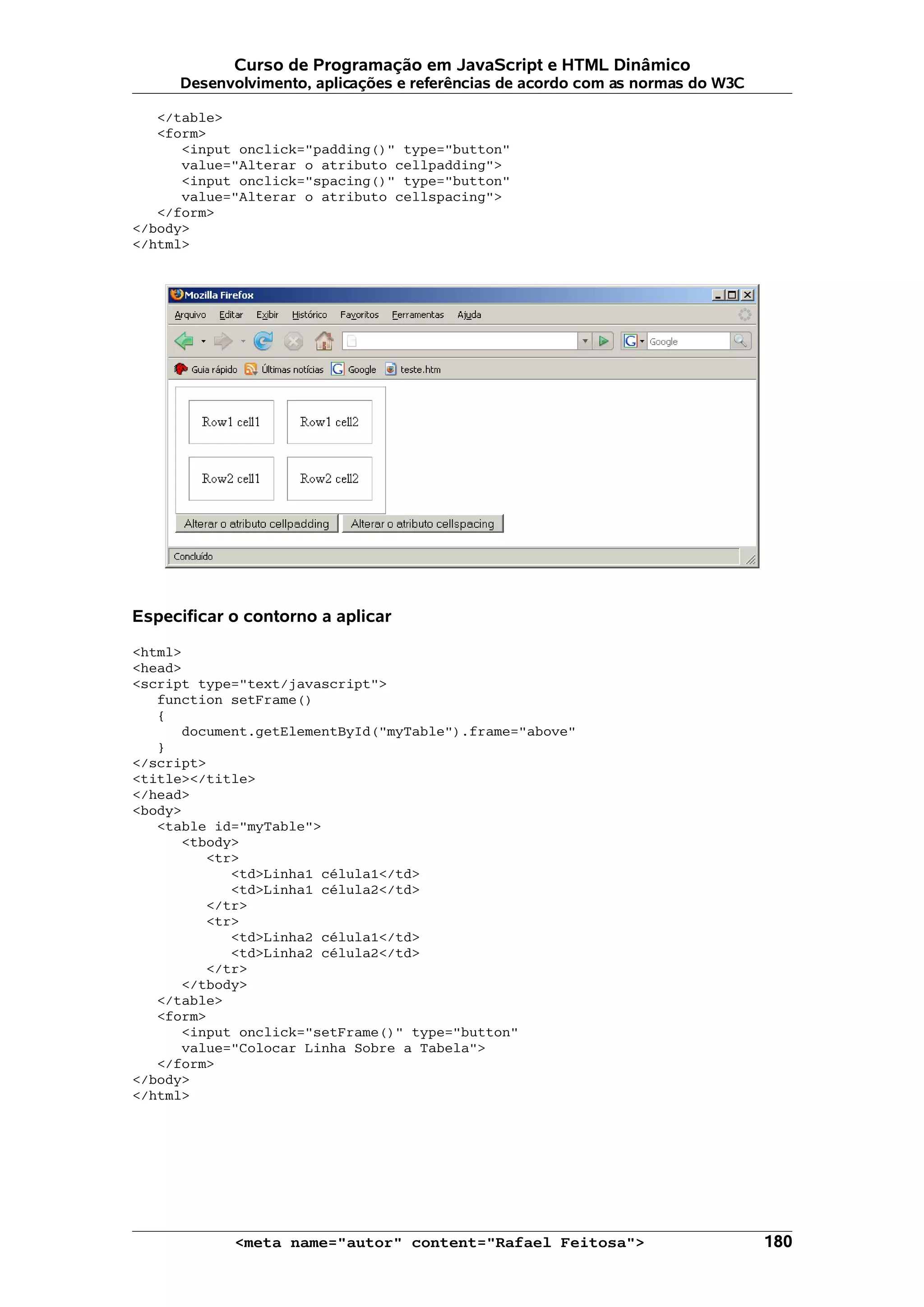 Curso de Programação em JavaScript e HTML Dinâmico
     Desenvolvimento, aplicações e referências de acordo com as normas do W3C

   </table>
   <form>
      <input onclick="padding()" type="button"
      value="Alterar o atributo cellpadding">
      <input onclick="spacing()" type="button"
      value="Alterar o atributo cellspacing">
   </form>
</body>
</html>




Especificar o contorno a aplicar

<html>
<head>
<script type="text/javascript">
   function setFrame()
   {
      document.getElementById("myTable").frame="above"
   }
</script>
<title></title>
</head>
<body>
   <table id="myTable">
      <tbody>
         <tr>
            <td>Linha1 célula1</td>
            <td>Linha1 célula2</td>
         </tr>
         <tr>
            <td>Linha2 célula1</td>
            <td>Linha2 célula2</td>
         </tr>
      </tbody>
   </table>
   <form>
      <input onclick="setFrame()" type="button"
      value="Colocar Linha Sobre a Tabela">
   </form>
</body>
</html>




            <meta name="autor" content="Rafael Feitosa">                        180
 
