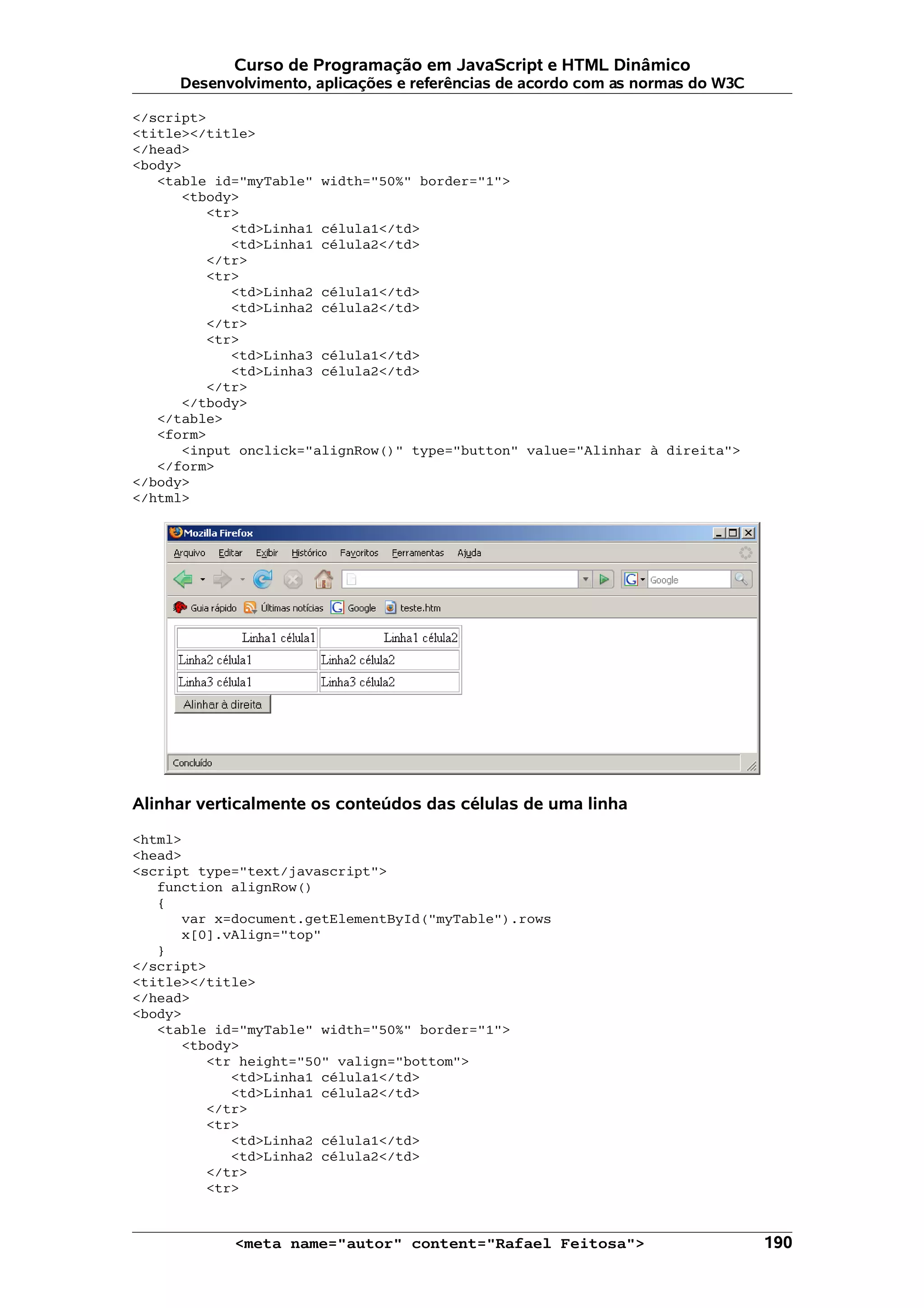 Curso de Programação em JavaScript e HTML Dinâmico
     Desenvolvimento, aplicações e referências de acordo com as normas do W3C

</script>
<title></title>
</head>
<body>
   <table id="myTable" width="50%" border="1">
      <tbody>
         <tr>
            <td>Linha1 célula1</td>
            <td>Linha1 célula2</td>
         </tr>
         <tr>
            <td>Linha2 célula1</td>
            <td>Linha2 célula2</td>
         </tr>
         <tr>
            <td>Linha3 célula1</td>
            <td>Linha3 célula2</td>
         </tr>
      </tbody>
   </table>
   <form>
      <input onclick="alignRow()" type="button" value="Alinhar à direita">
   </form>
</body>
</html>




Alinhar verticalmente os conteúdos das células de uma linha

<html>
<head>
<script type="text/javascript">
   function alignRow()
   {
      var x=document.getElementById("myTable").rows
      x[0].vAlign="top"
   }
</script>
<title></title>
</head>
<body>
   <table id="myTable" width="50%" border="1">
      <tbody>
         <tr height="50" valign="bottom">
            <td>Linha1 célula1</td>
            <td>Linha1 célula2</td>
         </tr>
         <tr>
            <td>Linha2 célula1</td>
            <td>Linha2 célula2</td>
         </tr>
         <tr>


            <meta name="autor" content="Rafael Feitosa">                        190
 