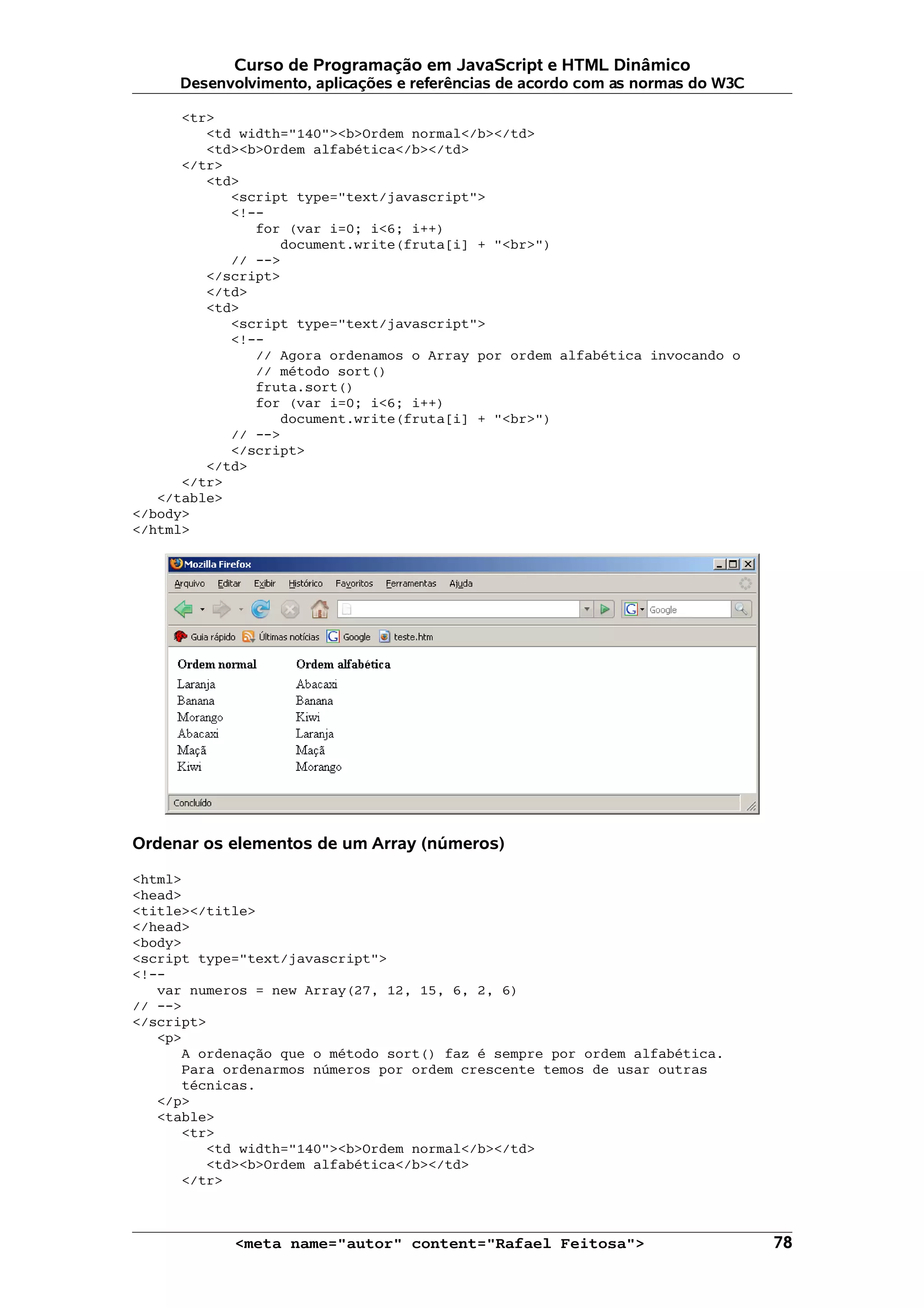 Curso de Programação em JavaScript e HTML Dinâmico
     Desenvolvimento, aplicações e referências de acordo com as normas do W3C

      <tr>
         <td width="140"><b>Ordem normal</b></td>
         <td><b>Ordem alfabética</b></td>
      </tr>
         <td>
            <script type="text/javascript">
            <!--
               for (var i=0; i<6; i++)
                  document.write(fruta[i] + "<br>")
            // -->
         </script>
         </td>
         <td>
            <script type="text/javascript">
            <!--
               // Agora ordenamos o Array por ordem alfabética invocando o
               // método sort()
               fruta.sort()
               for (var i=0; i<6; i++)
                  document.write(fruta[i] + "<br>")
            // -->
            </script>
         </td>
      </tr>
   </table>
</body>
</html>




Ordenar os elementos de um Array (números)

<html>
<head>
<title></title>
</head>
<body>
<script type="text/javascript">
<!--
   var numeros = new Array(27, 12, 15, 6, 2, 6)
// -->
</script>
   <p>
      A ordenação que o método sort() faz é sempre por ordem alfabética.
      Para ordenarmos números por ordem crescente temos de usar outras
      técnicas.
   </p>
   <table>
      <tr>
         <td width="140"><b>Ordem normal</b></td>
         <td><b>Ordem alfabética</b></td>
      </tr>



            <meta name="autor" content="Rafael Feitosa">                        78
 