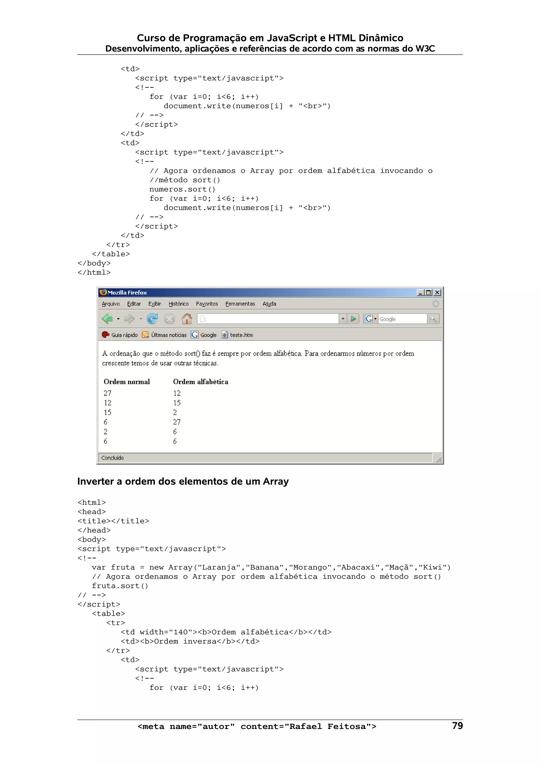 Curso de Programação em JavaScript e HTML Dinâmico
     Desenvolvimento, aplicações e referências de acordo com as normas do W3C

         <td>
            <script type="text/javascript">
            <!--
               for (var i=0; i<6; i++)
                  document.write(numeros[i] + "<br>")
            // -->
            </script>
         </td>
         <td>
            <script type="text/javascript">
            <!--
               // Agora ordenamos o Array por ordem alfabética invocando o
               //método sort()
               numeros.sort()
               for (var i=0; i<6; i++)
                  document.write(numeros[i] + "<br>")
            // -->
            </script>
         </td>
      </tr>
   </table>
</body>
</html>




Inverter a ordem dos elementos de um Array

<html>
<head>
<title></title>
</head>
<body>
<script type="text/javascript">
<!--
   var fruta = new Array("Laranja","Banana","Morango","Abacaxi","Maçã","Kiwi")
   // Agora ordenamos o Array por ordem alfabética invocando o método sort()
   fruta.sort()
// -->
</script>
   <table>
      <tr>
         <td width="140"><b>Ordem alfabética</b></td>
         <td><b>Ordem inversa</b></td>
      </tr>
         <td>
            <script type="text/javascript">
            <!--
               for (var i=0; i<6; i++)



            <meta name="autor" content="Rafael Feitosa">                         79
 