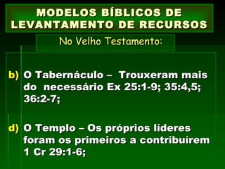 O Tabernáculo –  Trouxeram mais do  necessário Ex 25:1-9; 35:4,5; 36:2-7; O Templo – Os próprios líderes foram os primeiros a contribuírem 1 Cr 29:1-6; MODELOS BÍBLICOS DE LEVANTAMENTO DE RECURSOS   No Velho Testamento:   