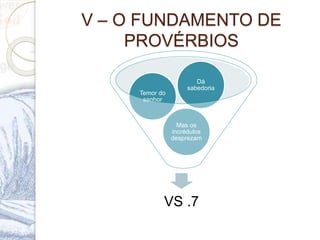 V – O FUNDAMENTO DE
PROVÉRBIOS
VS .7
Mas os
incrédulos
desprezam
Temor do
senhor
Dá
sabedoria
 