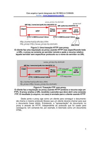Este arquivo compõe a do CD MEGA
Este arquivo é parte integrante coletânea STCCURSOS
www.trabalheemcasaoverdadeiro.com.br
Acesse - www.megacursos.com.br

Figura 3: Uma trasação HTTP com proxy.
O cliente faz uma requisição ao proxy usando HTTP mas especificando toda
a URL; o proxy se conecta ao servidor remoto e pede o recurso relativo
àquele servidor sem especificar protocolo ou o nome do servidor na URL

Figura 4: Trasação FTP com proxy.
O cliente faz a requisição ao proxy usando HTTP (embora o recurso seja um
FTP). O proxy analisa a URL recebida e percebe que deve abrir uma conexão
FTP. O resultado (o arquivo, no caso) é enviado para o cliente usando HTTP
Deste ponto o proxy age como um cliente para conseguir o documento:
ele chama o mesmo protocolo libwww que um cliente deveria chamar para que
o documento fosse obtido. Entretando, a "apresentação" do documento no
proxy é através de HTTP, independente do protocolo que foi usado para
consegui-lo. Um comando list, por exemplo, é retornado como um documento
HTML.

5

 