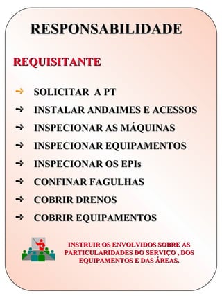 RESPONSABILIDADE

REQUISITANTE

¼   SOLICITAR A PT
¼   INSTALAR ANDAIMES E ACESSOS
¼   INSPECIONAR AS MÁQUINAS
¼   INSPECIONAR EQUIPAMENTOS
¼   INSPECIONAR OS EPIs
¼   CONFINAR FAGULHAS
¼   COBRIR DRENOS
¼   COBRIR EQUIPAMENTOS

          INSTRUIR OS ENVOLVIDOS SOBRE AS
         PARTICULARIDADES DO SERVIÇO , DOS
             EQUIPAMENTOS E DAS ÁREAS.
 