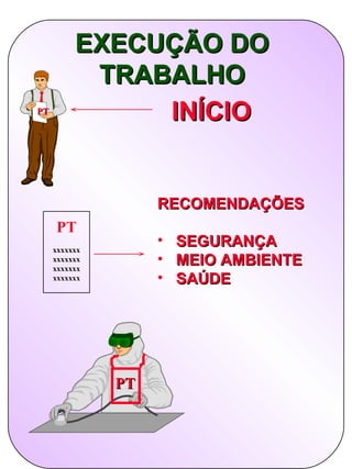 EXECUÇÃO DO
           TRABALHO
PT
               INÍCIO


                    RECOMENDAÇÕES
     PT
     xxxxxxx
                    •   SEGURANÇA
     xxxxxxx
     xxxxxxx
                    •   MEIO AMBIENTE
     xxxxxxx        •   SAÚDE




               PT
 